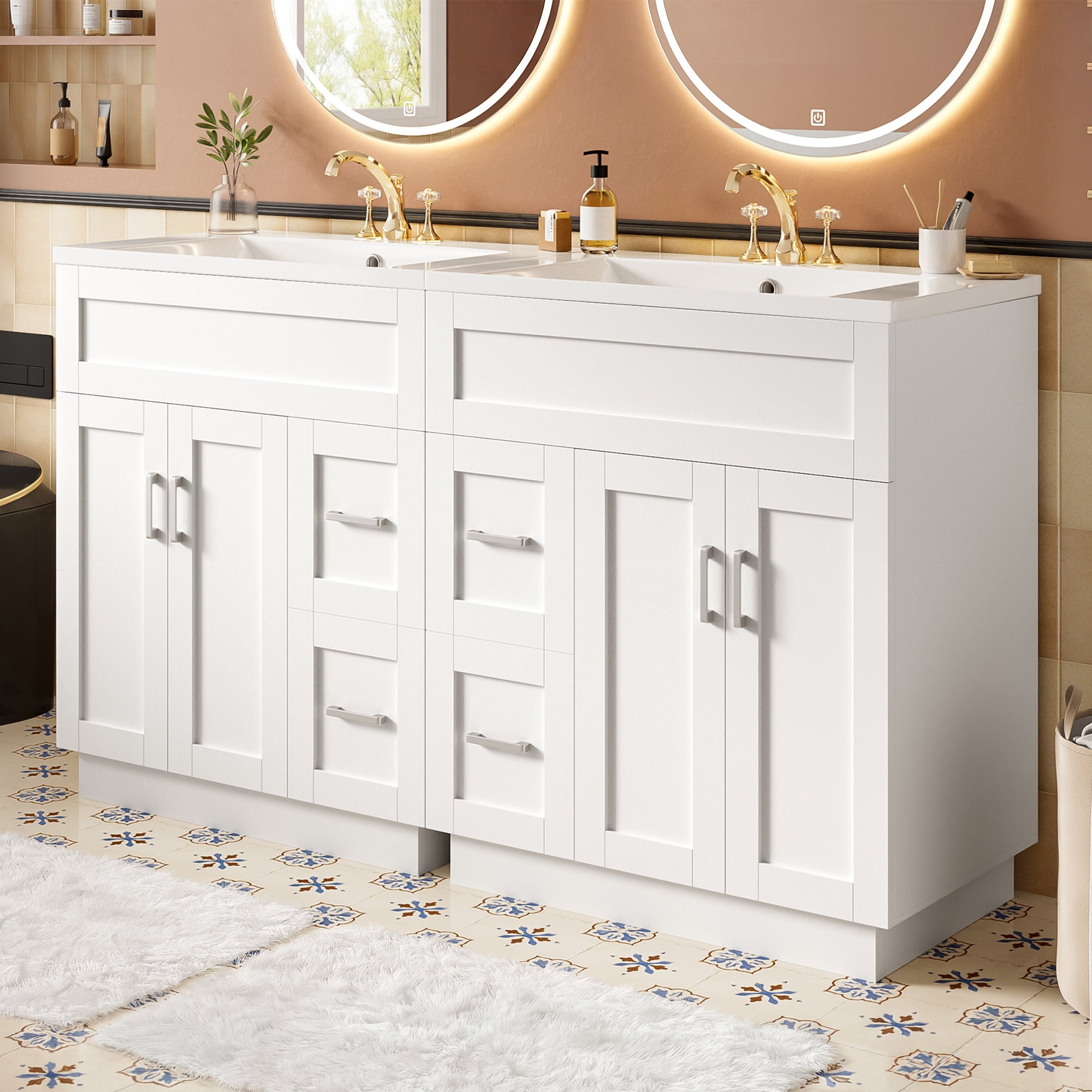Harper & Bright Designs 60 inch Double Sink Bathroom Vanity, Free Standing Basin Vanity Set with 4 Cabinet Doors, 4 Drawers, 2 Adjustable Shelves, Hidden Soft-Close Drawers & Soft-Close Hinges, White