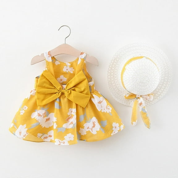 UTTOASFAY Baby Girls Dress Toddler Baby Kids Girls Floral Flowers Princess Dress Hat Outfits Clothes Yellow 18-24 Months
