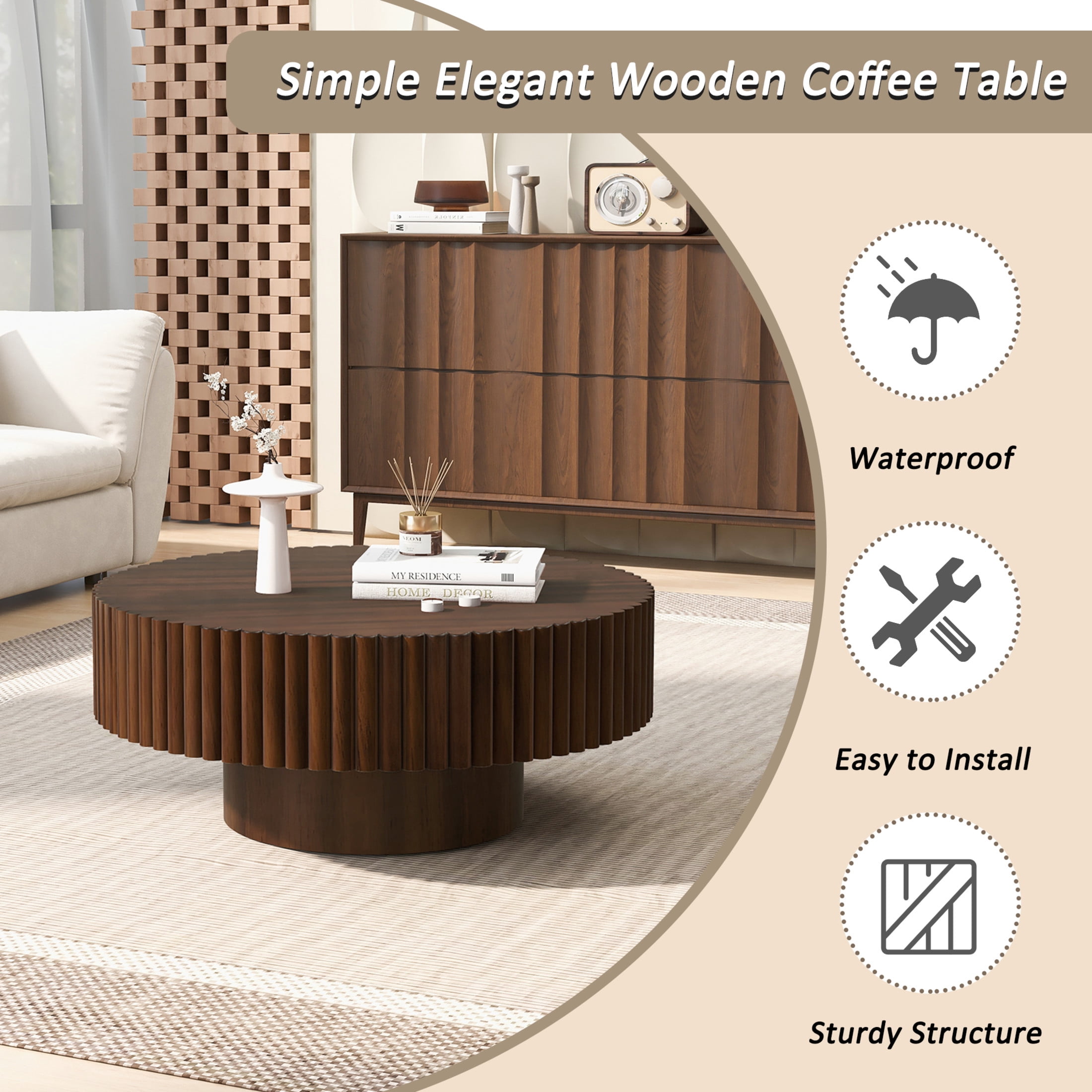 Noble House 31.5" Round Fluted Drum Coffee Table, Solid Wood Modern Center Table for Living Room, Walnut