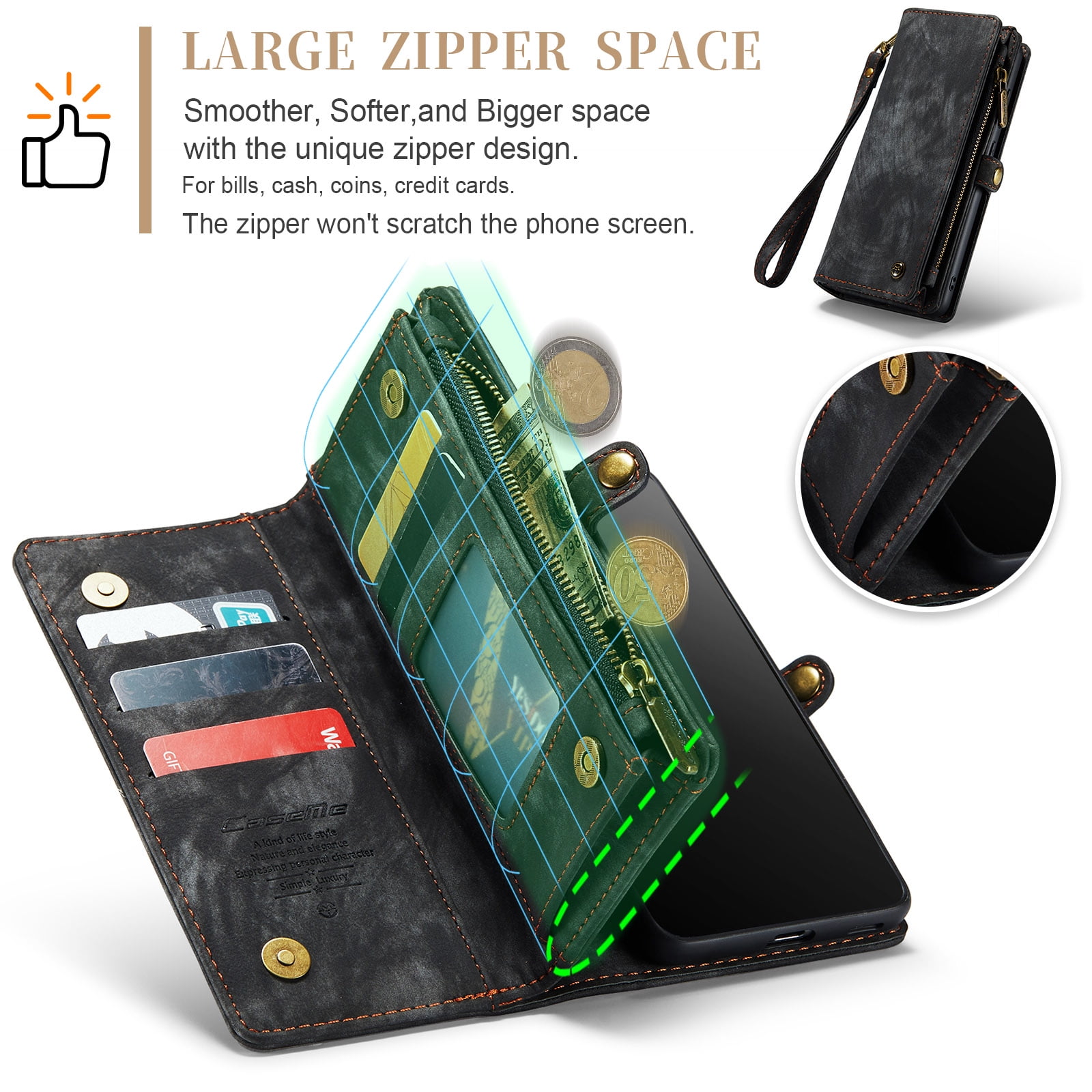 Feishell Durable 2-In-1 Magnetic Detachable Wallet Case for Samsung Galaxy S22,for Women Men,Premium PU Leather Zipper Pocket Flip Multi Card Slots Purse Phone Case with Wrist Strap,Black