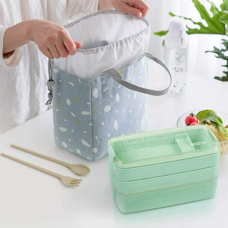 Bento Box for Adults, 3-In-1 Meal Prep Container, 900ML Janpanese Lunch Box  with Compartment, Wheat Straw, Leak-proof, Spoon & Fork, BPA-free (Green)