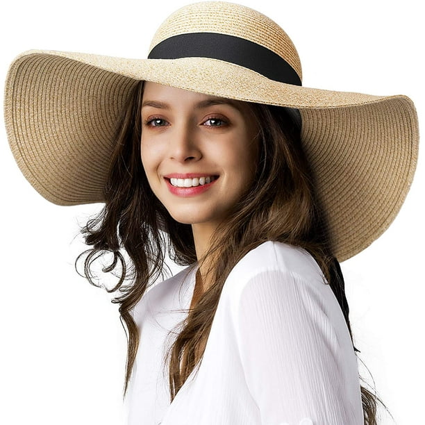 Womens Sun Straw Hat Wide Brim UPF 50 Summer Hat Foldable Roll up