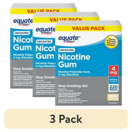 (3 pack) Equate Nicotine Uncoated Gum 4 mg, Stop Smoking Aid, Original Flavor, 220 Count