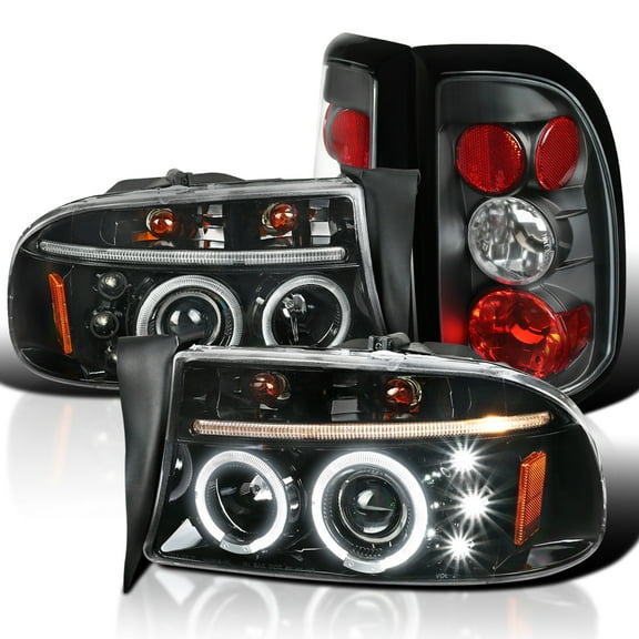 Spec-D Tuning Piano Black Halo Projector Headlights   LED Daytime Lights Fog Compatible with Dodge Dakota Left   Right Pair Headlamps Assembly