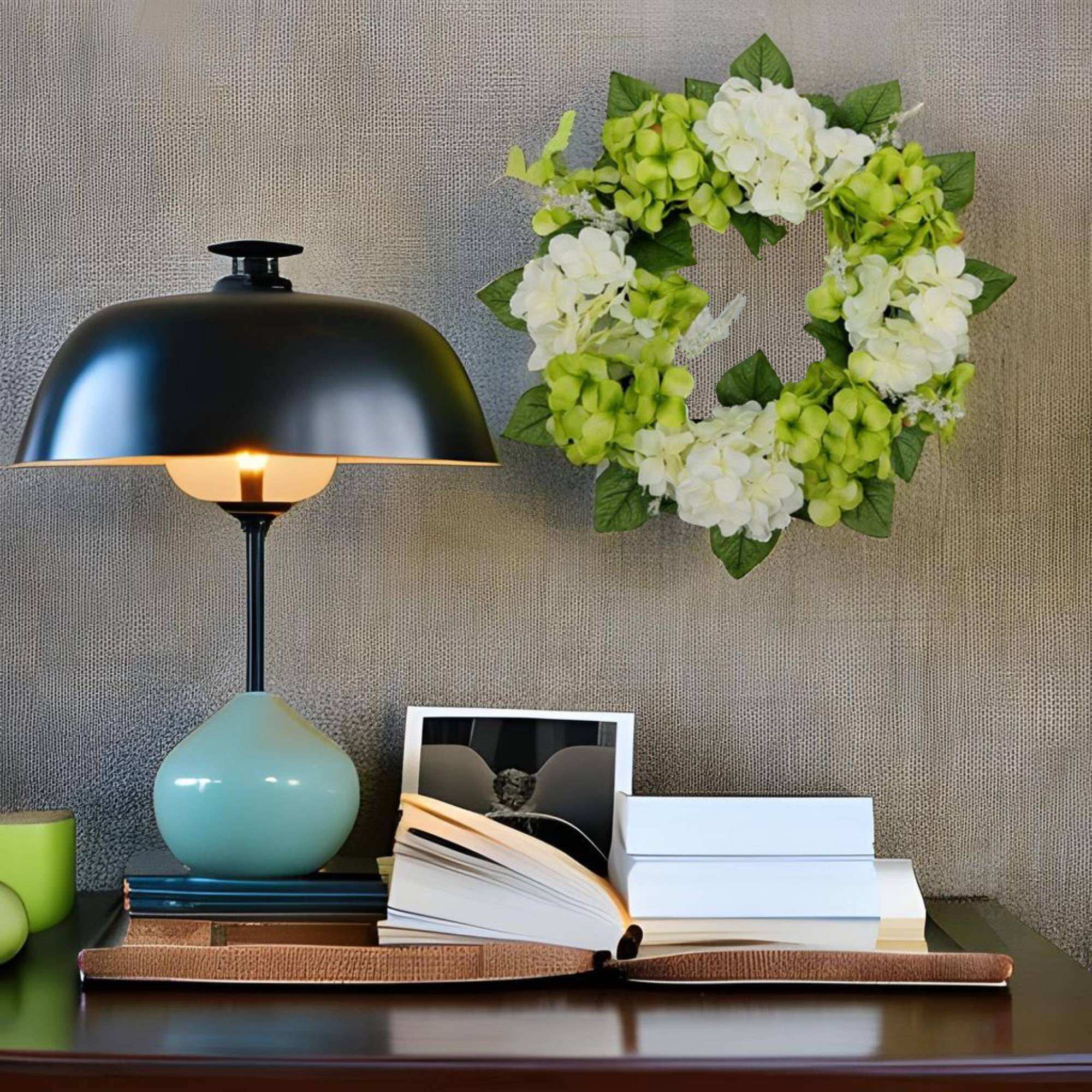 (2 pack) Mainstays 17in Indoor Artificial Hydrangea Wreath, Green Color. Made of Polyester.