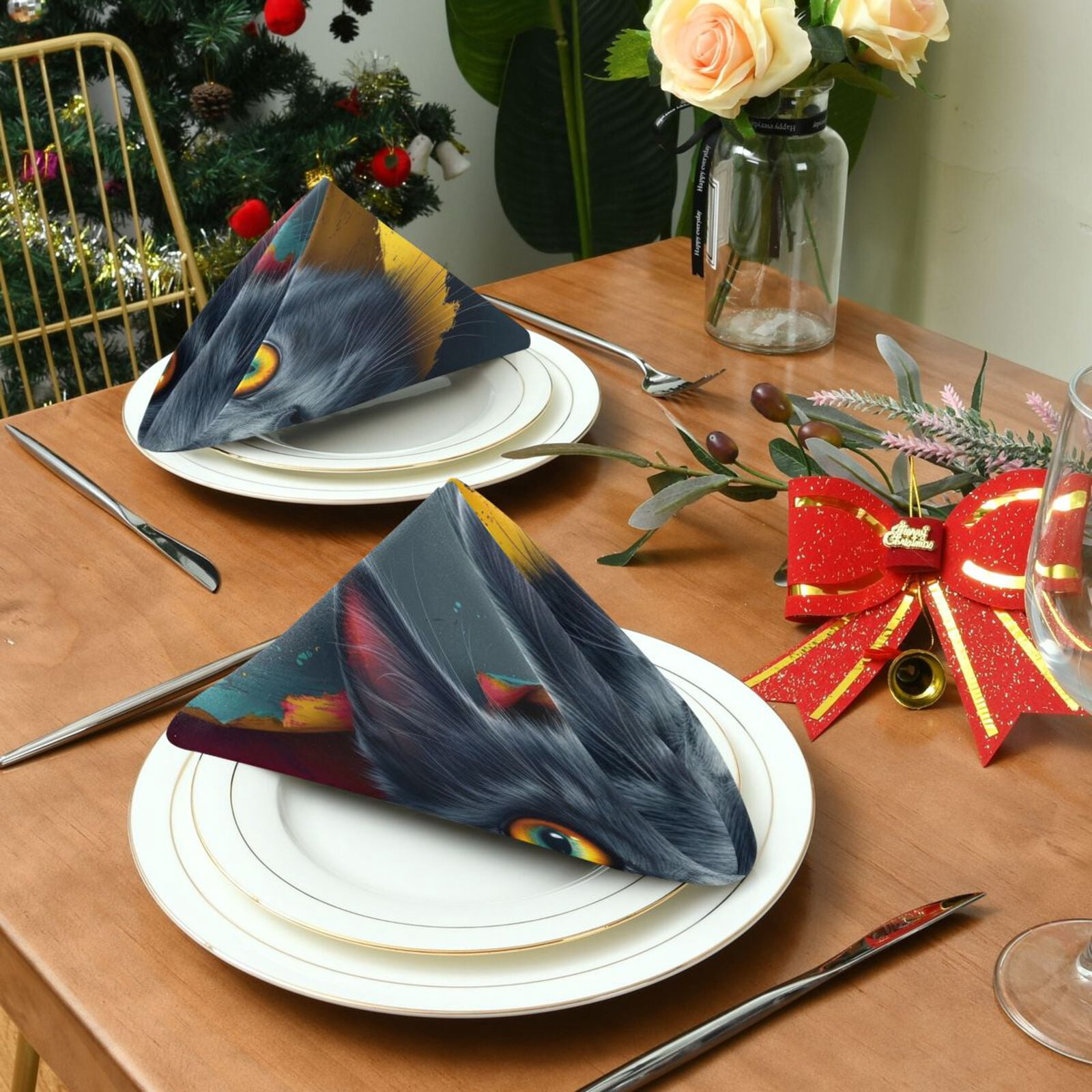 JSTEL 3d Black Cat Cloth Napkins Set of 6, 20x20 Inch Washable and Reusable Napkin for Decoupage Dinner Party Everyday Use