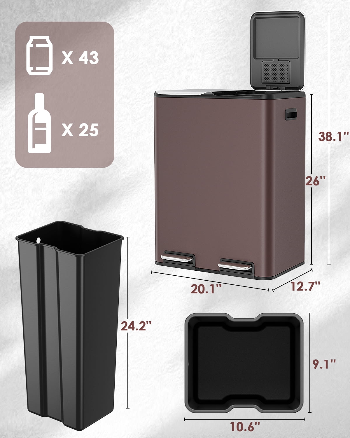 Pirecart 16 Gallon Dual Trash Can Stainless Steel Step Garbage Can Rubbish Bin with Soft-Close Lid, Brown
