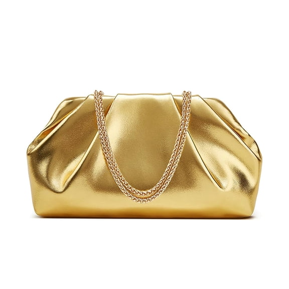 Gold Ruched Clutch Bag for Women, Frame Closure Evening Purse, Double‑Layer Chain Shoulder Crossbody Bag for Wedding Party Cocktail