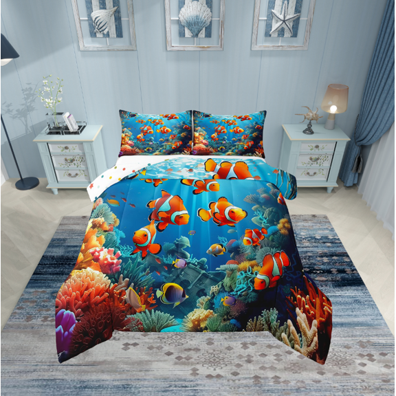 Erosebridal Gold Fish Bedding Twin Comforter Set, Underwater World Down Comforter, Ocean Animals Reversible Comforters & Duvets, Breathable Bedroom Decor, 2-Piece