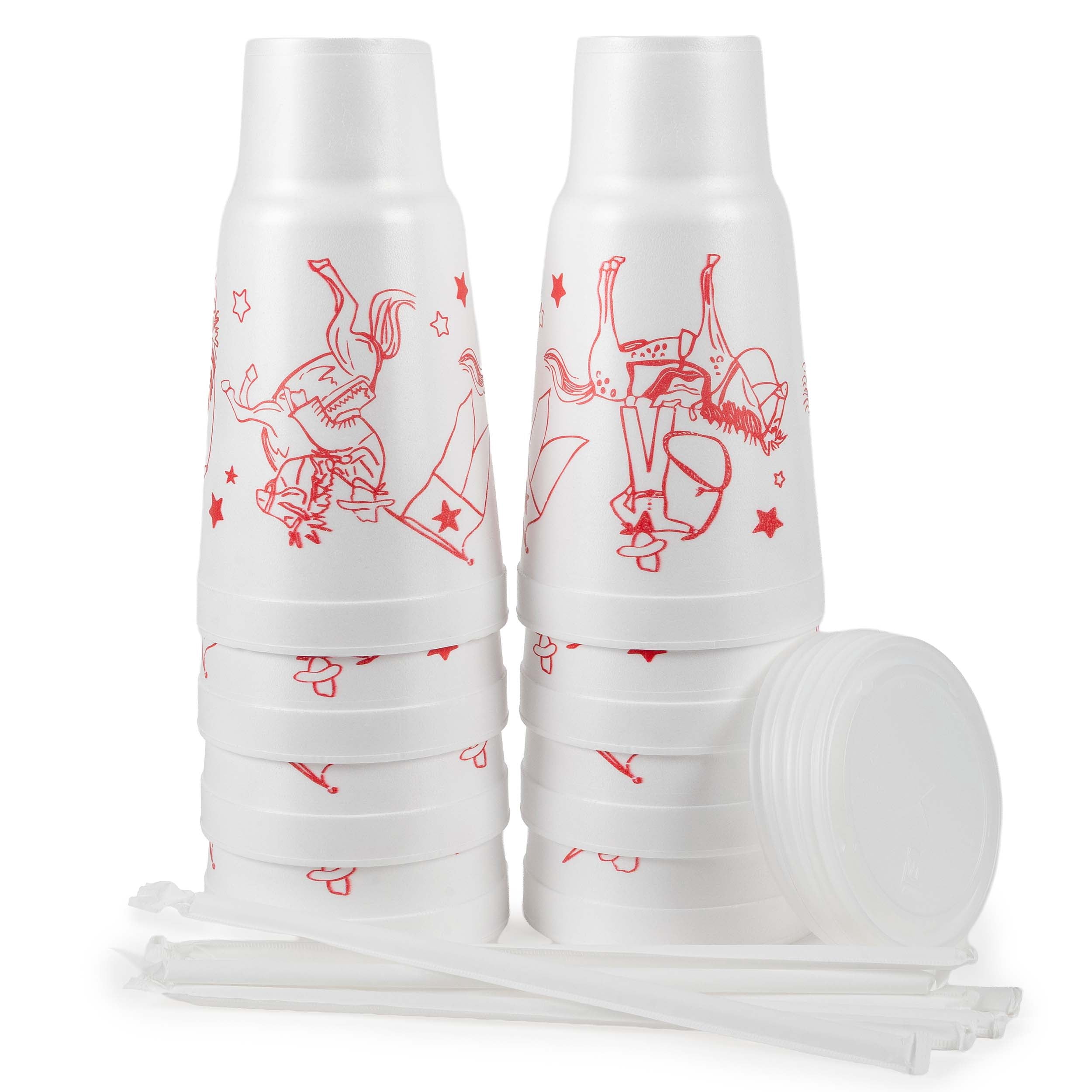 Social Butterfly Disposable Foam Cups with Lids and Straws, 44 oz, Cowboy Design, 8 Count