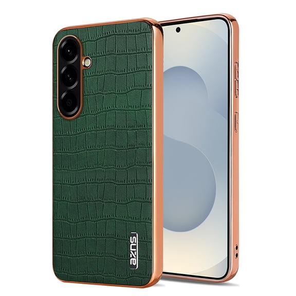 ELEHOLD Case for Samsung Galaxy A37, Electroplated Edge Crocodile Texture Leather Shockproof Case, Full Lens Protection,Green