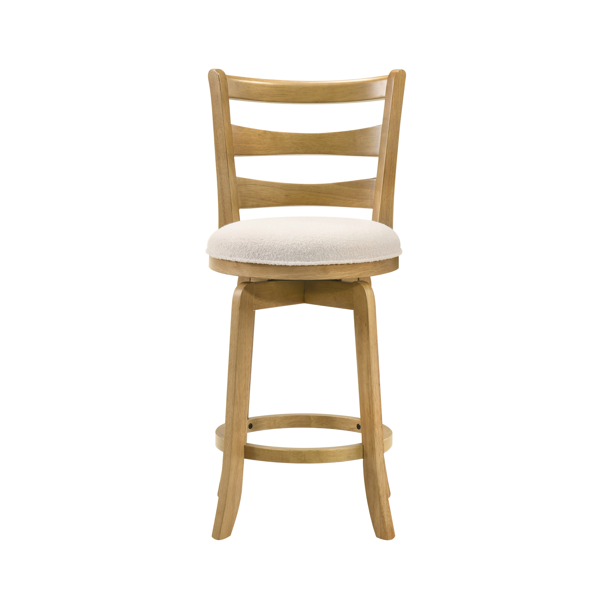 Melindra Modern Farmhouse Swivel Wood Counter Height Kitchen Bar Stool in Amber Glow Finish with White Boucle Fabric Upholstered Seat - Set of 2