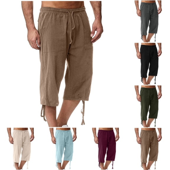 CHUMUD Men's Cotton Linen Shorts Relaxed Fit Elastic Waist Shorts Stretchy Capris Summer Casual with Pockets