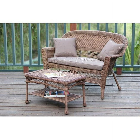 Honey Wicker Patio Love Seat And Coffee Table Set With Brown Cushion