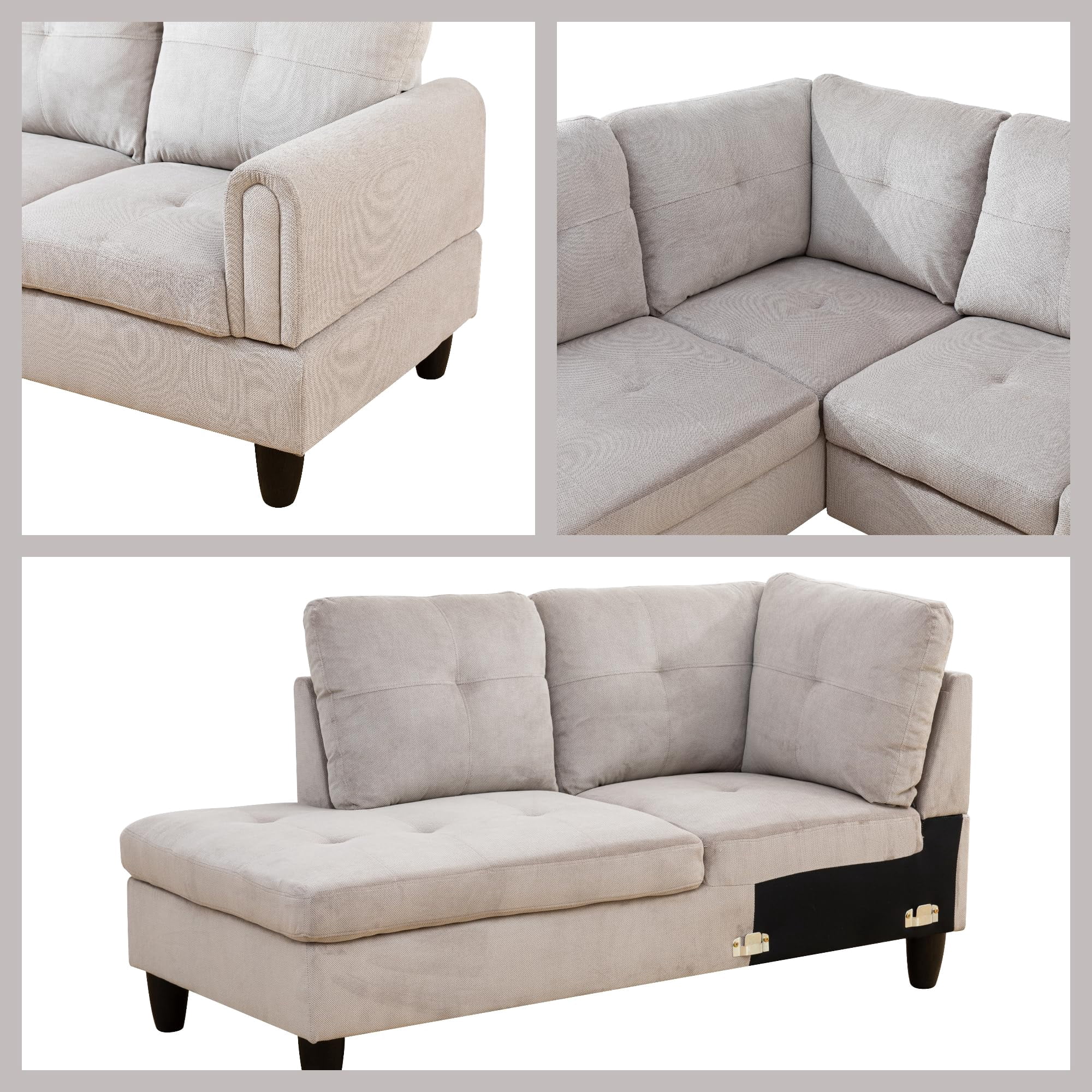 3-Piece Living Room Sofa Set with Chaise and Storage Ottoman, 6 Seater L Shaped Couch Sectional Couches Modular Convertible Sofa, Grey White