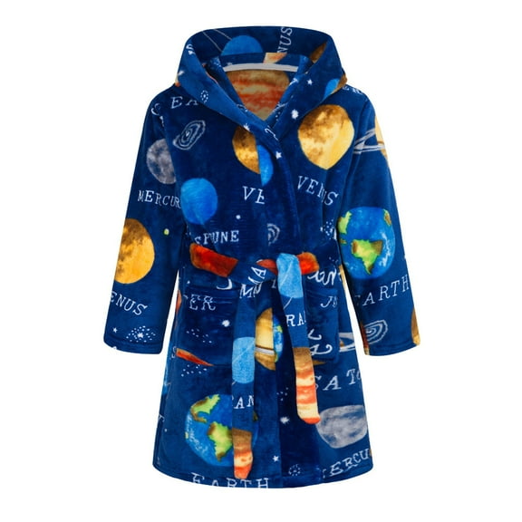 Qudderr Baby Toddler Girls Boys Flannel Robes with Hooded Kids Bathrobe for 2-13 Years Fall Winter Cartoon Print Pajamas Soft Night-Robe