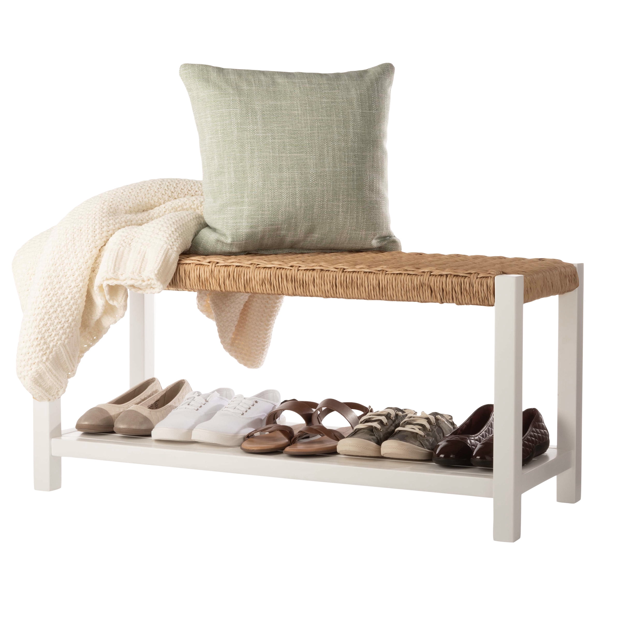 Alaterre Newport 40in Wood Bench with Rush Seat and Storage Shelf, White