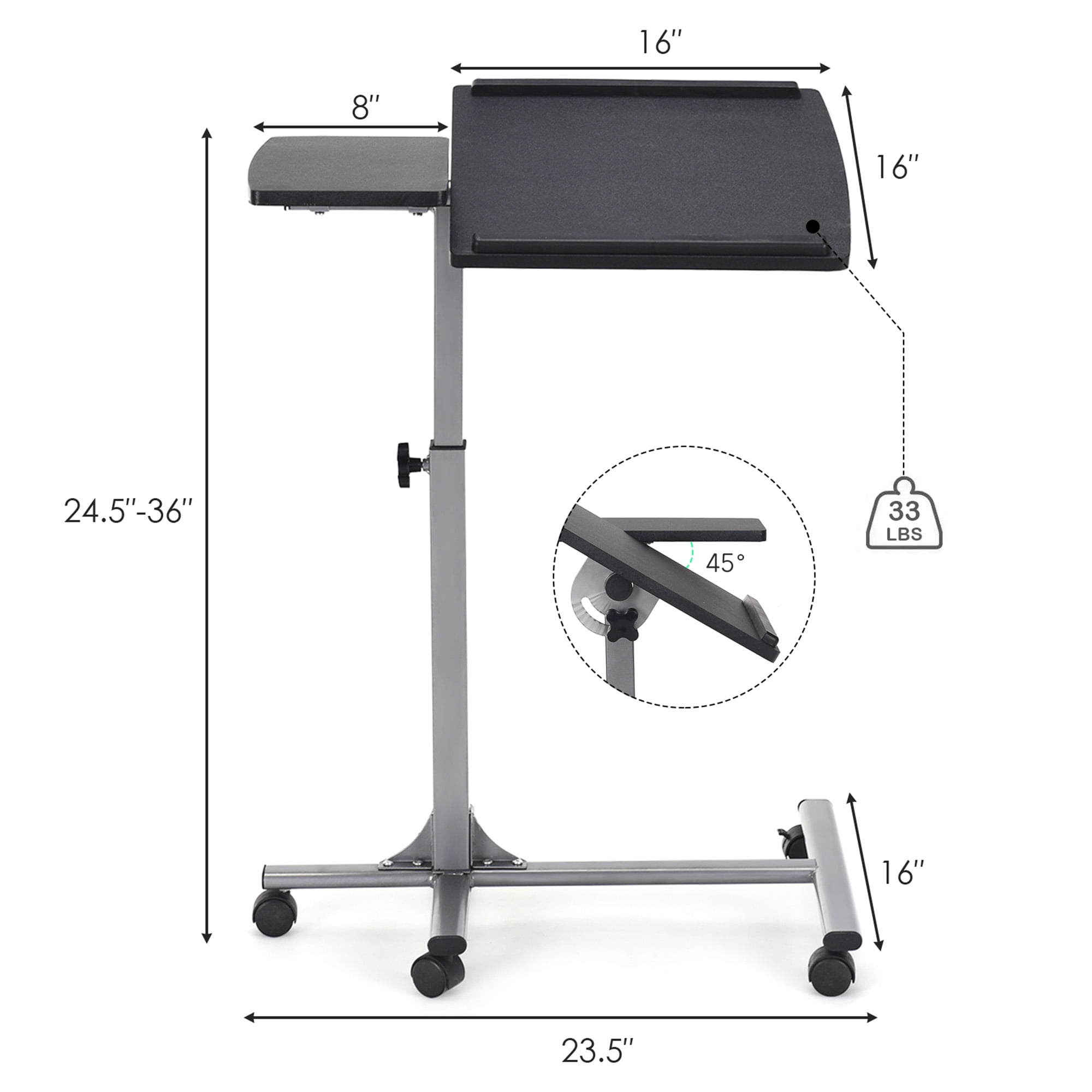 Gymax Mobile Laptop Stand on Wheels Height Adjustable Overbed Sofa Side Table