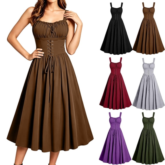 Smsaxvxz Halloween Costume for Women Fashion Renaissance Gothic Strap Dresses Medieval Ren Faire Dress Khaki L
