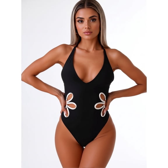 ACFN Women's Deep V One-Piece Swimsuit with Side Cutouts, Black