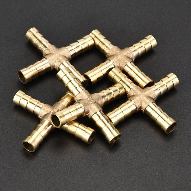 5 piezas de accesorios de unión de manguera de 4 vías en cruz de latón, conector de púas para aire, agua, aceite, gas, combustible, 6/8/10/12 mm