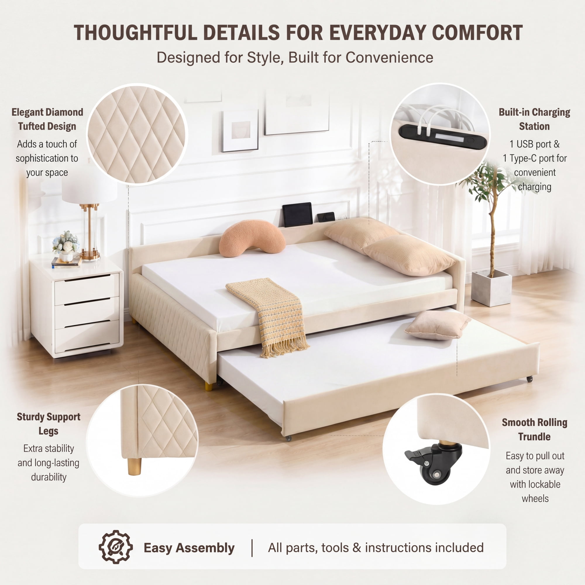 Leumius Upholstered Daybed with Trundle,Sturdy Wooden Bed Frame, Modern Diamond Grid Design for Bedroom Guest Room (Beige)