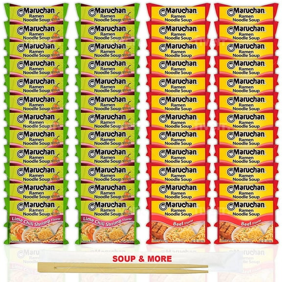 Maruchan Ramen Instant Noodle Soup Variety, 2 Flavors - 24 Packs Lime Chili Shrimp & 24 Packs Beef , 3 Ounce Single Servings Lunch / Dinner Variety