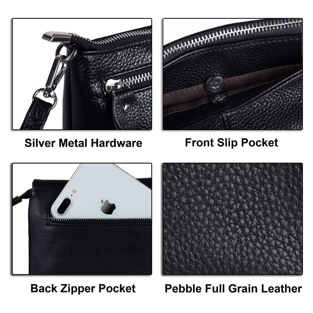 QUTETN Genuine Leather Wristlet Clutch Wallet Purses Small Crossbody Bags Shoulder Handbag for Women Silver Zipper