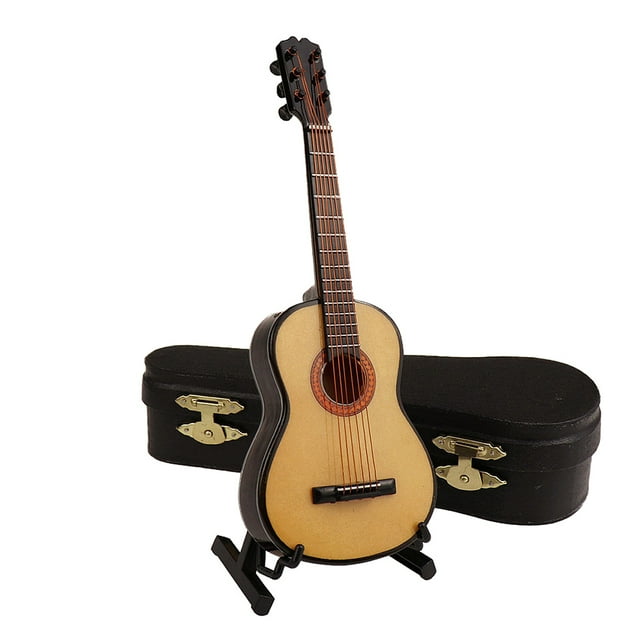 KAKOWELY Mini Guitar Model Adornment for Desktop Decor Made of Plastic Khaki Color with Vertical Display Rack 1 Set,3.15"X1.14"X0.47"