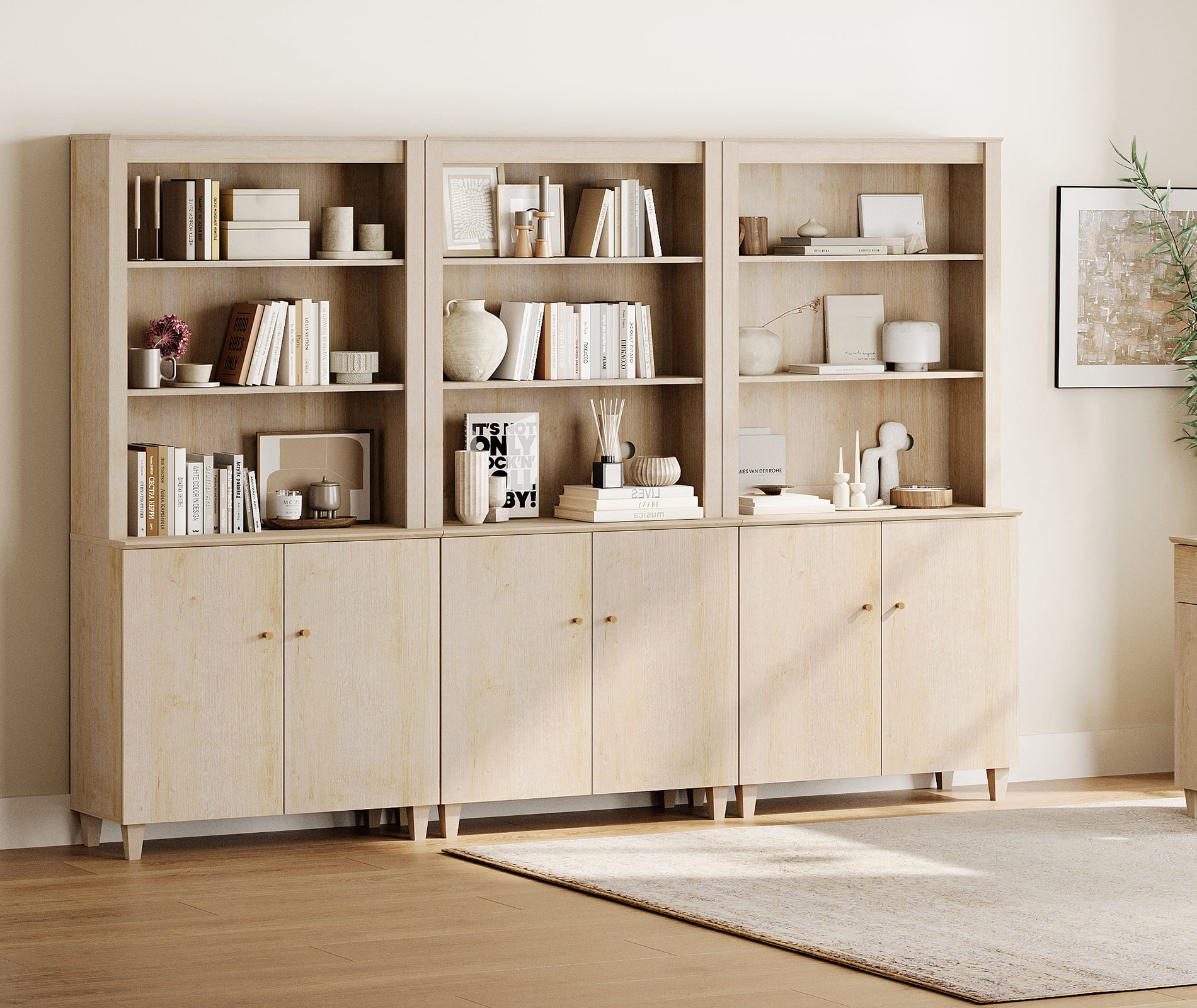 Modern 71" Tall Bookcase with Cabinets, 3 Columns 5-Tier for Home Office,Natural Oak