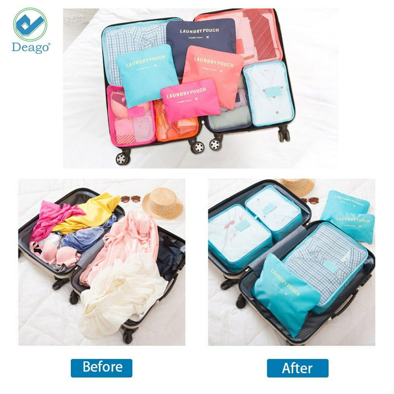 Deago Set of 6 Packing Cubes Compression Travel Carry On Luggage Organizer  Bags Toiletry Bag Lightweight Pouch