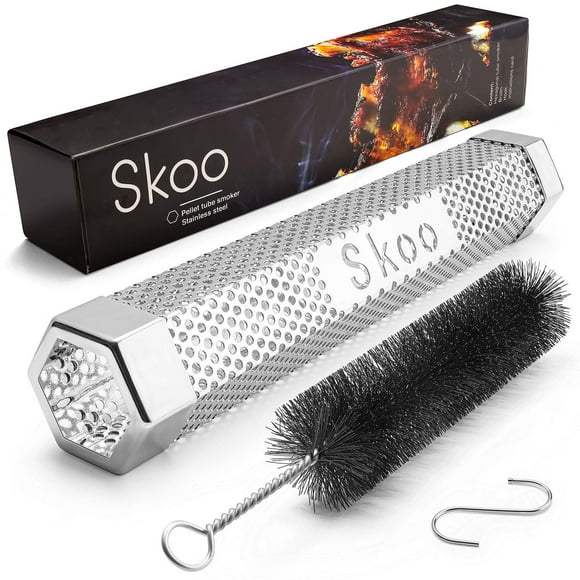 Skoo Pellet Smoker - BBQ Hexagonal Smoking Tube + Brush + Hook + Free EBook + Digital User Guide - 5 Hours of Billowing Smoke - For Electric, Gas, Charcoal Grills or Smokers