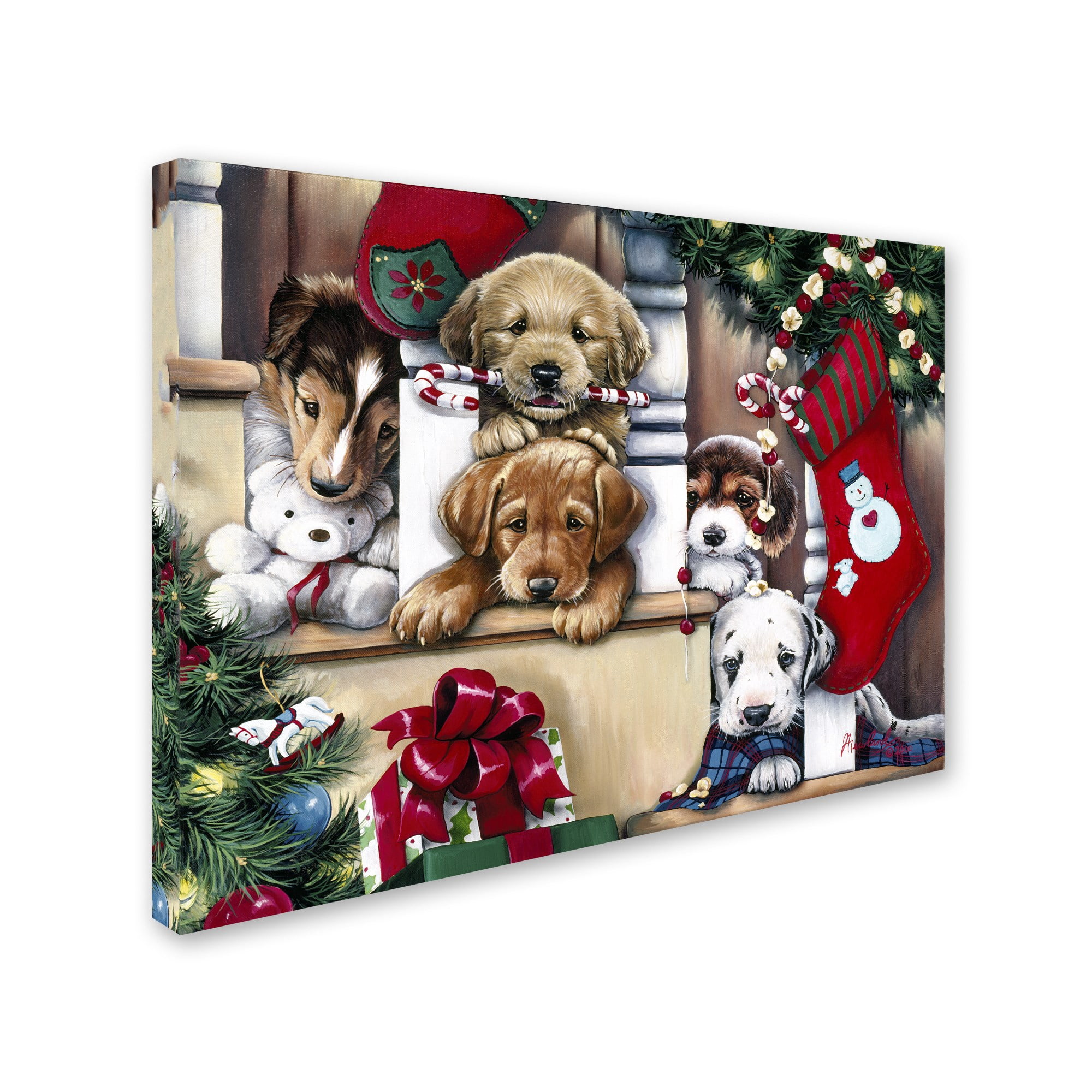 Trademark Fine Art 'Christmas Puppies On The Loose' Canvas Art by Jenny Newland