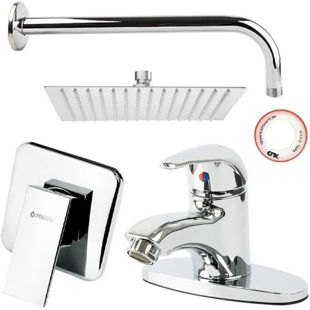 CNX Regadera Cuadrada, Tubo de 40cm, Mezcladora Monomando Y Mezcladora Para Lavabo CNX MEER RC11 + CUE-004 + MZR-001M + MZL4305