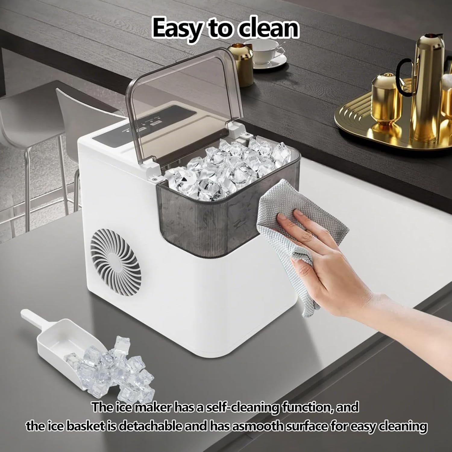 Miumaeov Nugget Ice Makers Countertop 26.5Lbs/Day, Portable Ice Machine Self-Cleaning, Small Ice Maker Ready in 8 Mins, Ice Maker for Home with 1.4L Tank, Countertop Ice Maker for Office Cafe
