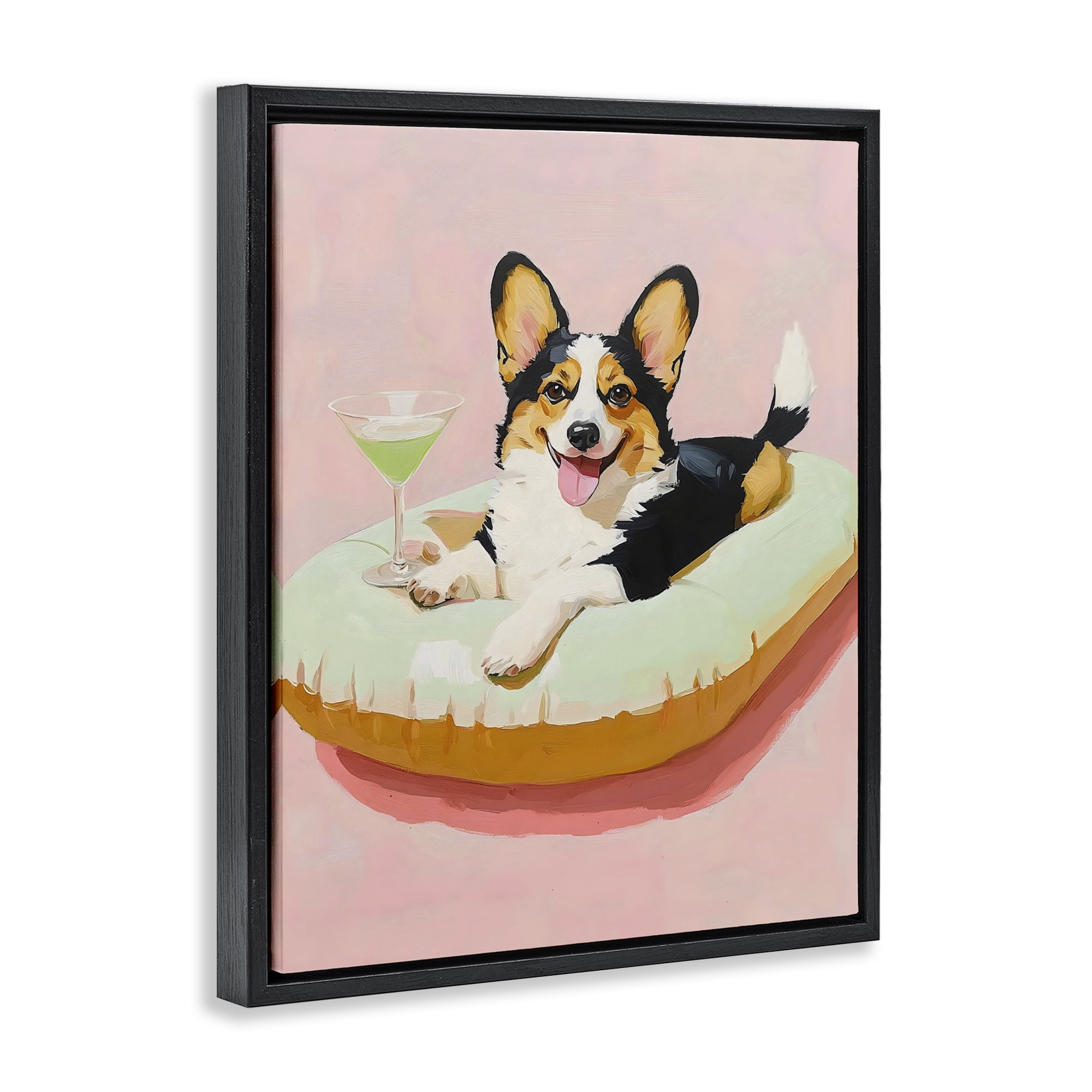 Stupell Industries Pastel Corgi with Cocktail Black Framed Floater Canvas Wall Art, design by The Prints Vibe