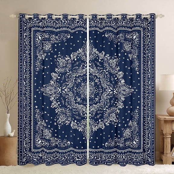 Manfei Boho Exotic Style Black Out Curtains,Retro Victorian Floral Curtains Pack of 2 (42x63 Each),White Blue Bedroom Curtains For Adults,Microfiber Bedroom Decor