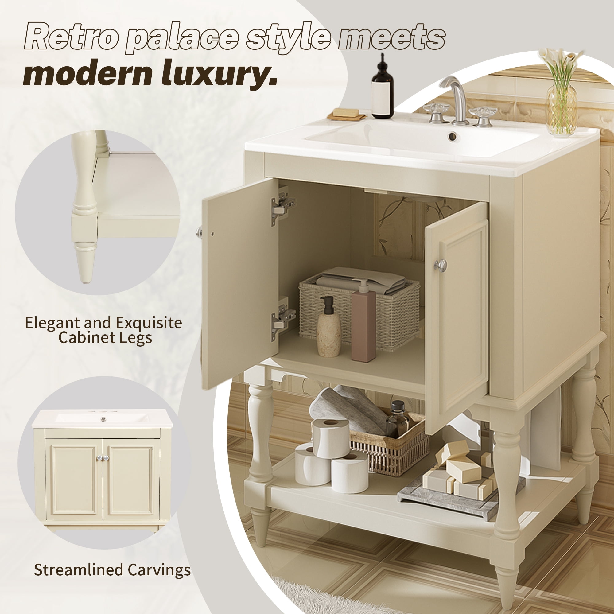 Harper & Bright Designs 24" Free Standing Single Basin Vanity Set, Bathroom Vanity with Sink Combo with Open Shelf, Bathroom Sink Storage Cabinet for Small Space, Beige