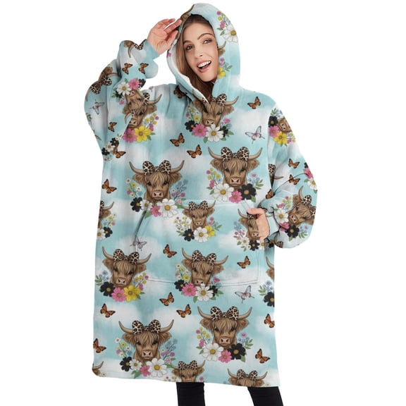 Oversized Wearable Blanket Hoodie,Blue Highland Cow Flower Butterfly Pattern Sherpa Blanket Hoodie with Super Pockets,Super Warm Fuzzy Pullover for Women & Men