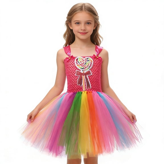 Oiyii Girls Lollipop Candy Tutu Dress with Headband Party Birthday Outfits, Sizes 6-7