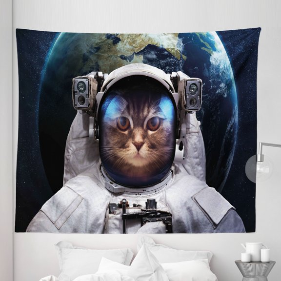 Space Cat Tapestry, Astronaut Cosmonaut Suit Kitty with Planet Earth Backdrop in Galaxy, Fabric Wall Hanging Decor for Bedroom Living Room Dorm, 5 Sizes, White Green Dark Blue, by Ambesonne