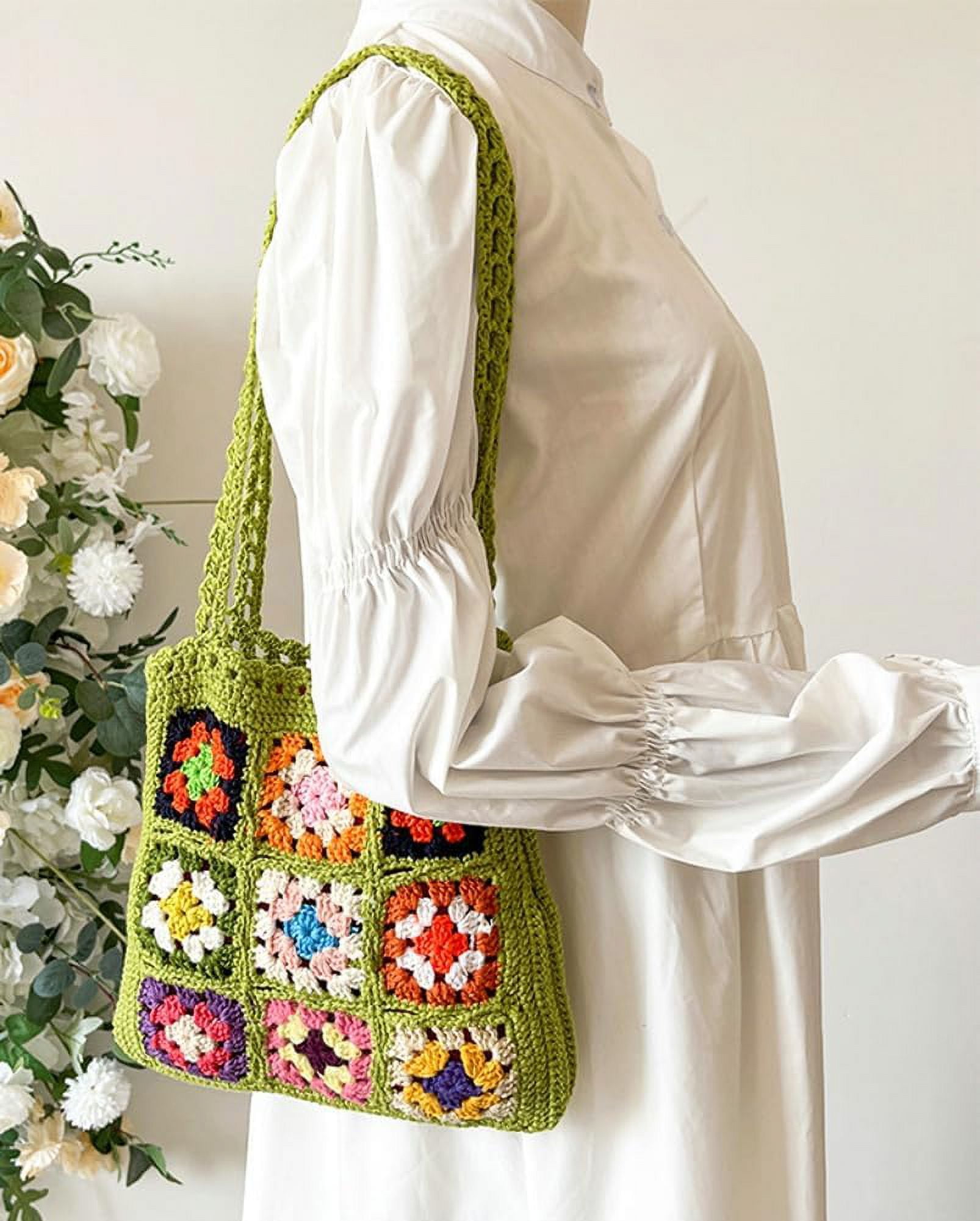 Kukuzhu Crochet Tote Bag for Women Cute Floral Knitted Shoulder Bag Aesthetic Fairy Y2k Woven Beach Shopping Bag Vocation