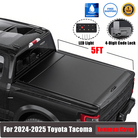 5FT Retractable Rear Truck Hard Tonneau Cover For 2024 2025 2026 Toyota Tacoma