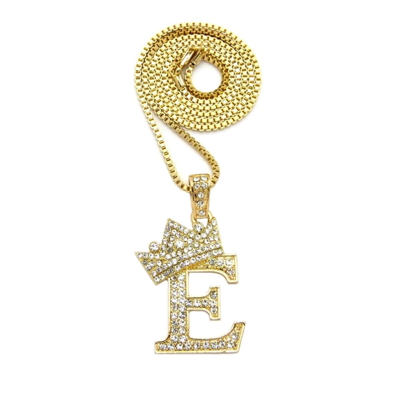 Stone Stud Allover Tilted Crown Initial E Pendant w/ 2mm 24" Box Chain Necklace, Gold-Tone