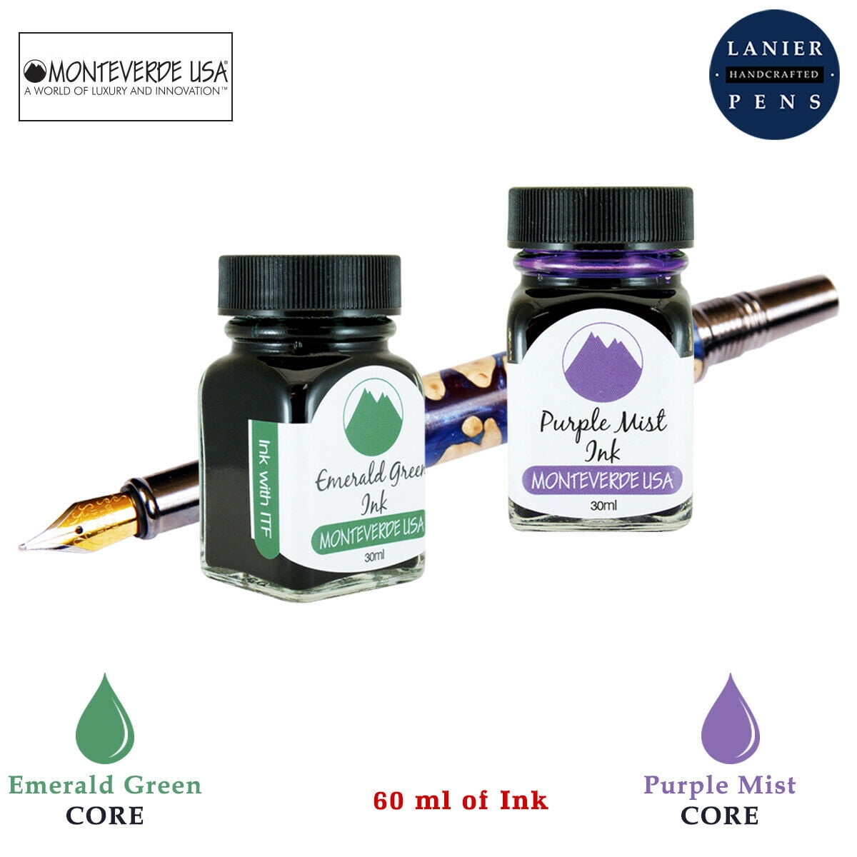 Monteverde 60ml Core Fountain Pen Ink Bottle (30ml Emerald Green Ink Bottle G309EG, 30ml Purple Mist Ink Bottle G309PM)
