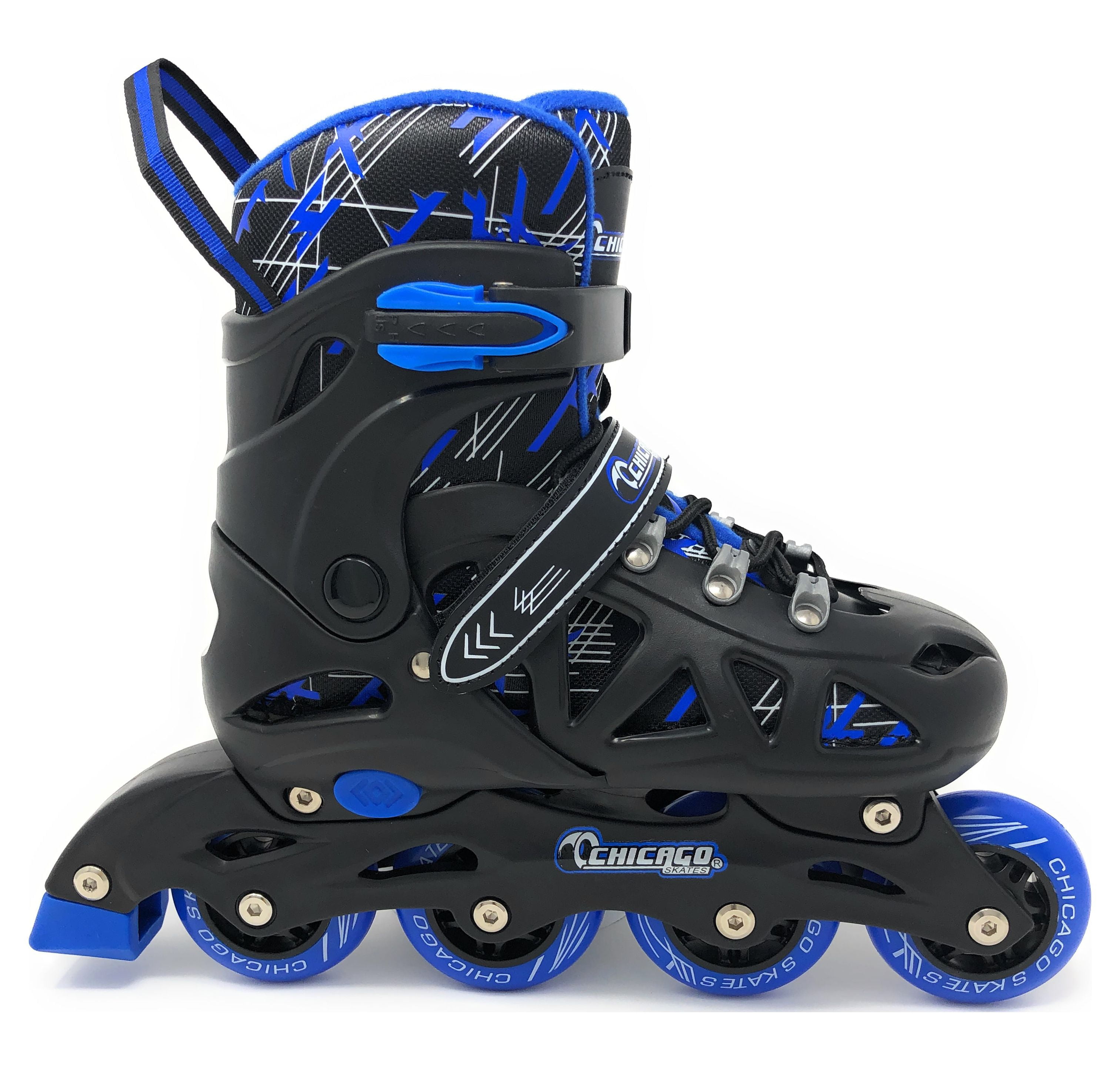 Chicago Skates Adjustable Inline Training Skate Combo Set Black/Blue/White – Includes Skates, Helmet, Knee pads, Wrist guards and Carryall backpack - Size Small (J10-J13)