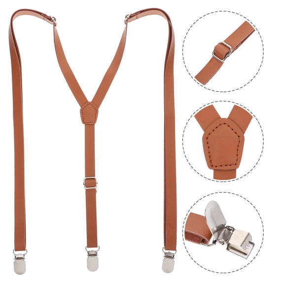 Raindrops Pants Suspenders 1Pcs Y Back Brown Pu Leather Adjustable Length Anti Slip Clip Wear Resistance