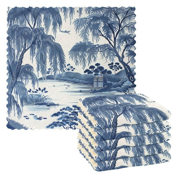 6 Pieces of Kitchen Towels 11x11Inch Kitchen Dish Cloths Kitchen Dish Towels Reuseable Cleaning Cloths Blue Willow