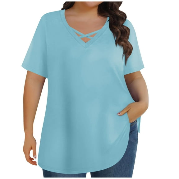 Staron Summer Blouses for Women Plus Size V-Neck Cross Front Casual Short Sleeve Tops, Light Blue XL