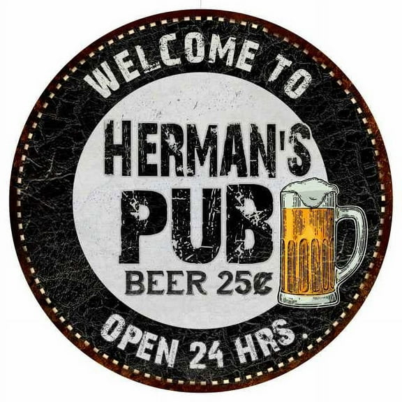 Herman's Pub 14" Round Metal Sign Beer Bar Black Wall Decor Gift 100140039290